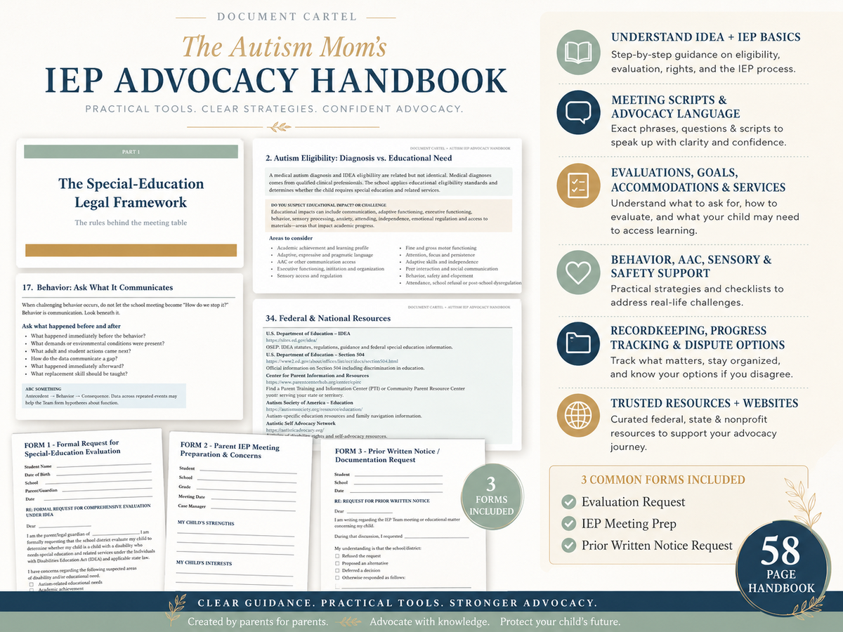 Autism Mom's IEP Advocacy Handbook contents and three included forms