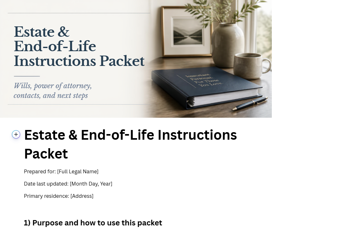 Estate and End-of-Life Instructions Packet digital template