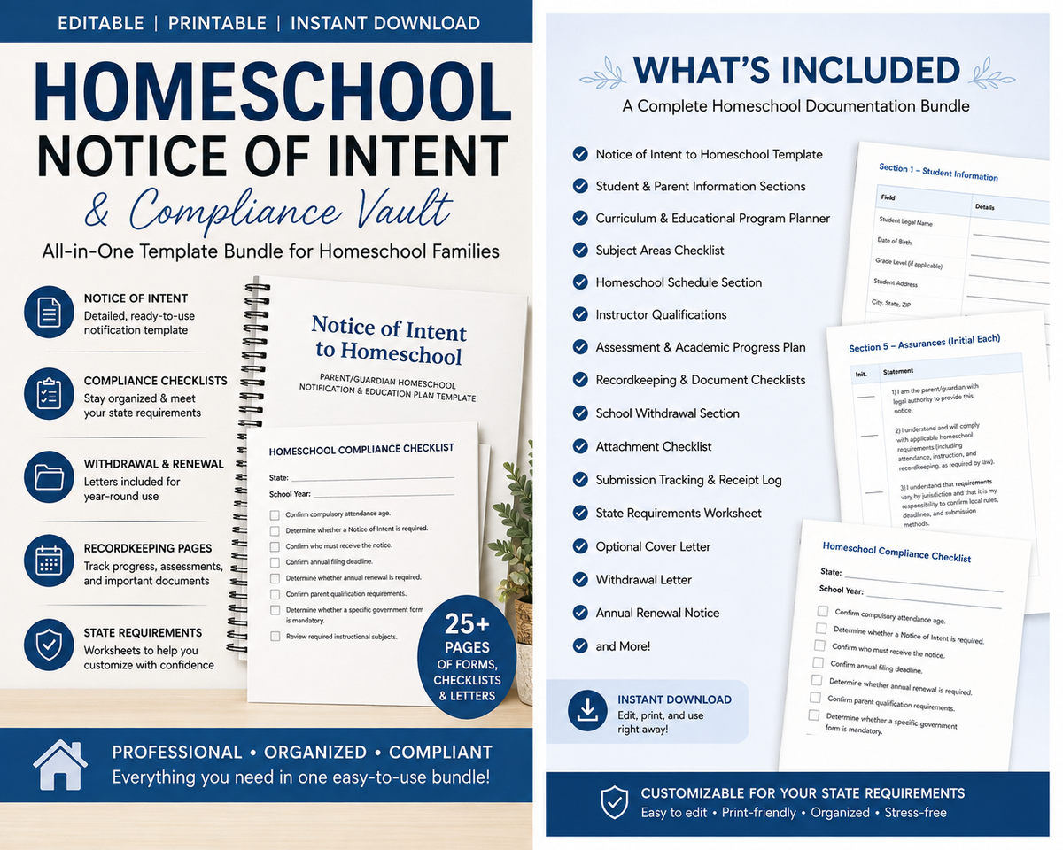 Homeschool Notice of Intent and compliance template bundle