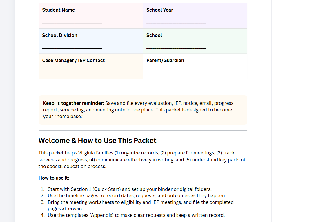 Virginia IEP Parent Packet organizer and special education templates