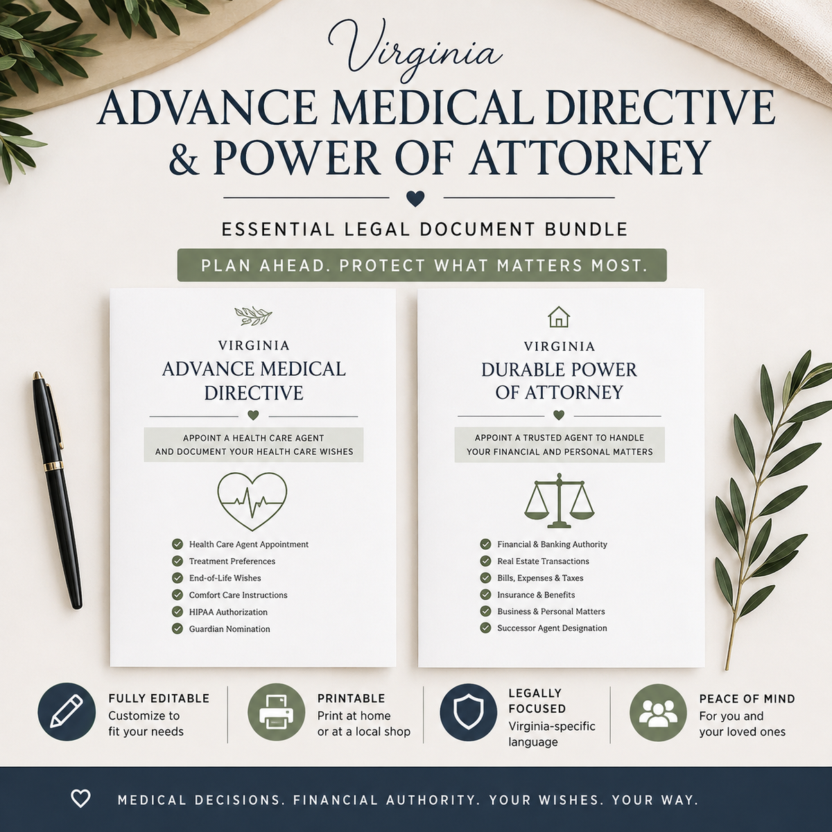 Virginia advance medical directive and power of attorney printable bundle